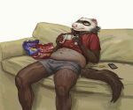  2020 anthro bag belly bored briefs brown_body brown_fur cellphone cettus cettus_chaput chip_bag chips_(food) clothing controller domestic_ferret food frown fur furniture gaming holding_object junk_food male mammal midriff mustelid musteline phone reclining shirt simple_background sitting slightly_chubby slightly_chubby_anthro slightly_chubby_male smartphone sofa solo topwear true_musteline underwear weasel white_background white_face 