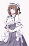  1girl bangs braid breasts brown_hair center_frills charlotte_corday_(fate) dress fate/grand_order fate_(series) frills green_eyes grey_skirt high-waist_skirt highres juliet_sleeves large_breasts long_sleeves looking_at_viewer puffy_sleeves short_hair side_braid skirt smile solo veil white_dress yamamon_0 