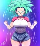  1girl blue_eyes breasts clenched_hands cowboy_shot d-art denim denim_shorts dragon_ball dragon_ball_super earrings green_eyes green_hair grin highres impossible_clothes impossible_shirt jewelry kefla_(dragon_ball) large_breasts looking_at_viewer potara_earrings raglan_sleeves shirt short_sleeves shorts smile solo spiked_hair standing super_saiyan thick_thighs thigh_gap thighs 