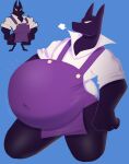  absurd_res anthro apron belly big_belly bloated blue_background breath canid canine clothing dark_body dark_fur dress_shirt fur hi_res male mammal navel navel_outline no_pupils pecs popped_collar purple_apron purple_body purple_fur shirt simple_background solo super_fatty_rpg topwear v1sage white_dress_shirt 