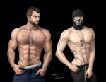  2boys abs arm_hair artist_name balaclava bara black_gloves black_hair black_pants blue_eyes blue_pants call_of_duty call_of_duty:_modern_warfare_2 chest_hair facial_hair ghost_(modern_warfare_2) gloves hand_in_pocket highres jewelry justina_gss large_pectorals male_focus male_underwear male_underwear_peek multiple_boys muscular muscular_male navel necklace nipples pants pectorals scar scar_on_arm scar_on_chest short_hair sidecut soap_(modern_warfare_2) topless_male underwear white_male_underwear 