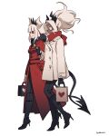  2girls bag boots cellphone coat colored_skin commentary dark-skinned_female dark_skin demon_girl demon_horns demon_tail full_body fur-trimmed_coat fur_trim gloves hairband hand_in_pocket heart heart_print helltaker high_heel_boots high_heels highres holding holding_bag holding_phone horns judgement_(helltaker) lucifer_(helltaker) mole mole_under_eye multiple_girls noah_(tettsui-sole) pants phone scarf simple_background smartphone smile spiked_horns tail twitter_username valentine walking white_background 