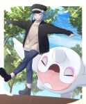  1boy alternate_costume black_footwear black_headwear black_jacket blue_eyes blue_hair blurry boots cetoddle cloud commentary_request day denim grusha_(pokemon) hat highres jacket jeans long_sleeves looking_down male_focus medium_hair mocacoffee_1001 open_clothes open_jacket open_mouth outdoors pants pokemon pokemon_(game) pokemon_sv sky sleeves_past_wrists smile sweater tree zipper 