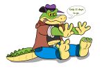  2023 3_toes 4_fingers alligator alligatorid anthro biped bottomwear brok_(character) brok_the_investigator clothing crocodilian dialogue english_text feet fingers green_body hat headgear headwear hi_res jolly_the_lizard jollyville pants reptile scalie shirt sitting solo text toes tongue tongue_out topwear 