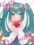  1girl artist_name bangs blue_eyes bow box closed_mouth cursive english_text gift green_hair hair_bow hair_ornament hairclip hatsune_miku heart-shaped_box highres holding holding_gift jewelry light_frown long_hair long_sleeves looking_at_viewer nagase_kei pink_bow ring shirt signature solo twintails valentine very_long_hair vocaloid white_shirt 