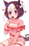  1girl alternate_costume blush breasts brown_hair casual chocolate food_in_mouth hair_between_eyes hair_ornament highres looking_at_viewer medium_breasts medium_hair meme_attire mochitsuki_wataame open-chest_sweater purple_eyes simple_background solo special_week_(umamusume) sweater umamusume valentine white_background 