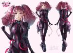  1girl ass bangs blush bodysuit breasts character_name covered_navel crystalmoonlitt cyberpunk demon_girl demon_horns demon_tail ear_piercing highres horns ironmouse large_breasts long_hair looking_at_viewer mechanical_tail multicolored_hair navel piercing pink_hair pointy_ears purple_bodysuit purple_eyes purple_footwear purple_hair sidelocks streaked_hair tail twintails virtual_youtuber vshojo 