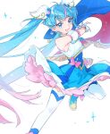  1girl absurdres ahoge blue_eyes blue_hair bow cape clenched_hand cure_sky detached_sleeves fingerless_gloves gloves gradient_hair hair_ornament highres hirogaru_sky!_precure long_hair looking_at_viewer magical_girl multicolored_hair open_mouth pink_bow pink_hair precure puffy_detached_sleeves puffy_sleeves semi_(amimin) simple_background single_sidelock smile solo sora_harewataru sparkle thighhighs twintails two-sided_cape two-sided_fabric very_long_hair white_background white_gloves wing_hair_ornament 
