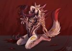  2022 4_ears 5ushiroll ambiguous_gender anthro anthrofied ark_survival_evolved arm_support blood blood_trail bodily_fluids body_horror chest_mouth claws digitigrade dipstick_tail drooling exposed_bone fluffy fluffy_tail full-length_portrait fur hi_res hybrid long_claws long_tongue looking_at_viewer managarmr markings monster multi_ear multi_eye multi_mouth nightmare_fuel nude open_mouth pawpads petal_maw pink_pawpads portrait pupils red_background saliva scales sharp_teeth simple_background slit_pupils solo tail tail_markings teeth toe_curl tongue tongue_out where_is_your_god_now white_body white_fur yellow_sclera 