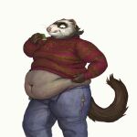  2019 anthro belly big_belly bottomwear cettus cettus_chaput christmas christmas_clothing clothed clothing cookie crumbs denim denim_clothing domestic_ferret eating food hi_res holding_object holidays jeans licking licking_lips looking_down male mammal midriff mustelid musteline obese obese_anthro obese_male open_bottomwear open_clothing open_pants overweight overweight_anthro overweight_male pants simple_background solo sweater tongue tongue_out topwear torn_bottomwear torn_clothing torn_pants true_musteline walking weasel white_background 
