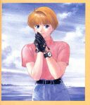  1980s_(style) 1girl aged_up alternate_hair_length alternate_hairstyle belt blue_eyes border denim earrings gloves highres hiyama_hikaru jeans jewelry kimagure_orange_road looking_at_viewer mole mole_under_eye ocean orange_hair pants pink_shirt pixie_cut retro_artstyle shirt short_hair short_sleeves signature sky smile solo standing takada_akemi traditional_media turtleneck watch wristwatch 