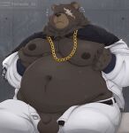  2023 96panda anthro balls bear belly ben_(zenless_zone_zero) big_belly bottomwear clothed clothing flaccid genitals hi_res kemono male mammal mihoyo moobs navel nipples overweight overweight_male pants penis raised_clothing raised_shirt raised_topwear scar shirt sitting small_penis solo topwear zenless_zone_zero 