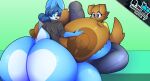  anthro balls big_breasts big_butt blue_body blue_hair bodily_fluids bra breast_play breasts brown_body butt butt_focus canid canine canis clothed clothing domestic_dog duo erection eyewear female fur genital_fluids genitals glasses hair hi_res huge_breasts huge_butt lagomorph leporid male male/female mammal nipples penis rabbit sex simple_background thiccbuns titfuck underwear wilson_barnaby 