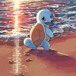  :d commentary_request footprints looking_back no_humans open_mouth ototoi_(eevees813) outdoors pokemon pokemon_(creature) red_eyes sand shore smile solo squirtle standing water 