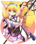  1girl absurdres animal_ear_fluff animal_ears arknights bangs bare_shoulders belt_pouch black_gloves blonde_hair blue_hairband circle closed_mouth commentary dress fox_ears fox_tail frilled_dress frills full_body gloves green_eyes hairband highres holding holding_staff ijipiku infection_monitor_(arknights) large_tail looking_at_viewer multiple_tails off-shoulder_dress off_shoulder pantyhose pouch red_background shoes simple_background single_glove sitting smile solo staff suzuran_(arknights) tail tareme two-tone_background vial wariza white_background white_pantyhose 