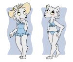  2022 anthro bear bikini blush clothed clothing crossdressing ear_piercing ear_ring fur gremloid_goat hat headgear headwear hi_res male mammal one-piece_swimsuit piercing polar_bear pose ring_piercing simple_background solo sun_hat swimwear trevor_waters ursine white_body white_fur yellow_eyes 