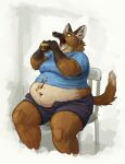  2019 anthro belly big_belly bottomwear brown_body brown_fur burger canid canine canis cettus chair clothed clothing eating food fur furniture hi_res holding_food holding_object male mammal maned_wolf messy midriff moobs open_mouth open_shorts overweight overweight_anthro overweight_male shirt shorts simple_background sitting solo topwear wolf 