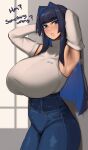  1girl alternate_breast_size armpits arms_up blue_eyes blue_hair blue_pants blush breasts colored_inner_hair denim detached_sleeves grey_shirt grey_sleeves hair_intakes highres hololive hololive_english huge_breasts jeans long_hair looking_at_viewer multicolored_hair ouro_kronii pants roresu shirt sidelocks solo thick_thighs thighs virtual_youtuber wide_hips 
