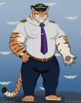  absurd_res anthro ari_guardian ash_(coach_frost) clothed clothing digital_drawing_(artwork) digital_media_(artwork) felid green_eyes hi_res male mammal nipples overweight overweight_male pantherine pilot simple_background solo stripes tiger 