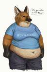  2019 angry anthro belly big_belly blue_clothing bottomwear brown_body brown_fur canid canine canis cettus clothing dialogue english_text fur hi_res male mammal maned_wolf midriff narrowed_eyes overweight overweight_anthro overweight_male pants shirt simple_background solo speech_bubble squint text topwear white_background wolf 