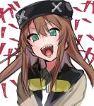  1girl black_headwear brown_hair el_mofus_3_(rance_10) fangs goggles goggles_around_neck green_eyes jacket long_hair open_mouth rance_(series) rance_10 sharp_teeth shikosour teeth tongue white_background 