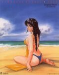  1980s_(style) 1girl album_cover ass ayukawa_madoka back barefoot beach bikini bikini_bottom_only black_hair blue_eyes braided_tail copyright_name cover covering covering_breasts feet from_behind kimagure_orange_road lips lipstick logo long_hair looking_at_viewer looking_back makeup ocean retro_artstyle sitting sky soles swimsuit takada_akemi tan tanlines toes topless towel traditional_media 