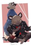  2023 5_fingers aggressive_retsuko anthro bass_guitar black_clothing blue_clothing brown_body brown_fur clothing duo eyewear fingers footwear fur glasses guitar haida hi_res hyena jacket jiro_haida_(aggretsuko) kinoshita-jiroh kinoshita_jiroh male mammal musical_instrument one_eye_closed plucked_string_instrument sanrio shirt sitting socks spotted_hyena string_instrument suit t-shirt topwear 