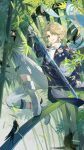  1boy absurdres androgynous armor bamboo bamboo_forest barn_swallow bird blonde_hair bracelet chinese_clothes fence forest guaisanmu highres holding holding_sword holding_weapon honkai:_star_rail honkai_(series) japanese_armor jewelry kote kurokote long_hair looking_at_viewer low_ponytail nature otoko_no_ko pants short_sleeves sword weapon white_footwear white_pants yanqing yellow_eyes 