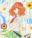  1girl beret blush brown_eyes brown_hair daisy eighth_note eyelashes flower hat holding holding_flower musical_note necktie open_mouth pikara pink_flower plaid plaid_skirt pop&#039;n_music quarter_note red_headwear red_necktie rie-chan shirt short_sleeves skirt solo staff_(music) sunflower treble_clef white_flower white_shirt wind wind_lift yellow_flower 