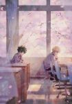  2boys bakugou_katsuki bangs black_pants blazer blurry blurry_foreground boku_no_hero_academia brown_footwear chair cherry_blossoms cherry_tree closed_mouth collared_shirt commentary_request curtains dated_commentary desk double_horizontal_stripe elbow_on_table elbow_rest falling_petals freckles from_side green_eyes green_hair hand_on_table head_down head_on_hand head_rest indoors jacket leaning_forward long_sleeves looking_at_another looking_down male_focus midoriya_izuku multiple_boys necktie office_chair on_chair pants partial_commentary perspective petals profile red_eyes red_necktie school_desk school_uniform shirt short_hair sitting spiked_hair swivel_chair tannoci tile_floor tiles u.a._school_uniform white_shirt wind window window_shade 