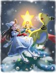  1girl :d ampharos bare_shoulders brown_eyes brown_hair christmas christmas_tree commentary_request dress elbow_gloves eyelashes gloves hat highres jasmine_(holiday_2022)_(pokemon) jasmine_(pokemon) long_hair nosada_nosawo one_side_up open_mouth pantyhose pokemon pokemon_(creature) pokemon_(game) pokemon_masters_ex red_gloves shoes smile twitter_username watermark white_dress white_footwear white_headwear white_pantyhose 