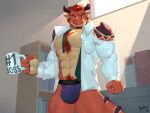  anthro barazoku bottomwear bulge clothed clothing coffee_mug detailed_background digital_media_(artwork) dragon hair hittoga horn jockstrap leaning leaning_back looking_at_viewer male muscular muscular_anthro muscular_male orik_magma_dragon partially_clothed red_body red_hair red_scales scales shirt solo text topwear underwear white_clothing white_shirt white_topwear yellow_eyes 