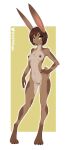  anthro brown_body brown_nipples female genitals green_eyes hair hand_on_hip hi_res lagomorph leporid mammal nipples nude pussy rabbit signature simple_background solo tuft w4g4 