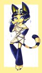  2020 absurd_res animal_crossing ankha_(animal_crossing) anthro barefoot biped blue_eyelashes blue_eyes blue_hair border breasts clothing digital_media_(artwork) digital_painting_(artwork) domestic_cat dress egyptian feet felid feline felis female frown full-length_portrait hair hi_res legwear mammal markings nintendo paws portrait pupils pypixy signature solo striped_markings striped_tail stripes tail tail_markings white_clothing white_dress white_pupils wrappings yellow_border 