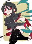  1girl ahoge ass asymmetrical_wings bad_anatomy bangs black_dress black_hair black_thighhighs blue_wings blush dress gloves hair_between_eyes highres houjuu_nue massakasama open_mouth red_eyes red_footwear red_gloves red_wings shoes short_hair short_sleeves solo thighhighs touhou wings 