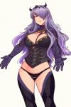  1girl absurdres artist_name bangs between_breasts bodice breasts camilla_(fire_emblem) capelet cleavage commentary english_commentary fake_horns fire_emblem fire_emblem_fates gloves hair_ornament hair_over_one_eye highres horns large_breasts long_hair long_sleeves looking_at_viewer open_mouth panties purple_eyes purple_hair raichiyo33 shiny_skin signature simple_background smile solo teeth thighhighs thighs underwear upper_teeth_only white_background 