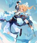  1boy androgynous armlet blonde_hair bracelet chinese_clothes cloud cloudy_sky highres holding holding_sword holding_weapon honkai:_star_rail honkai_(series) jewelry long_hair looking_at_viewer miemiebei open_mouth otoko_no_ko pants ponytail short_sleeves sky sword weapon white_footwear white_pants yanqing yellow_eyes 