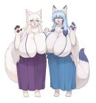  anthro arctic_fox arctic_wolf asian_clothing big_breasts blue_hair blush bottomwear breast_squish breasts canid canine canis cattleya_mari chest_tuft clothing curvy_figure duo east_asian_clothing female female/female fluffy fox fur hair hakama hi_res huge_breasts inake japanese_clothing lily_mari mammal married_couple mature_female multicolored_ears multicolored_hair pawpads squish tuft voluptuous white_body white_fur white_hair wolf 