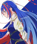  1girl alear_(female)_(fire_emblem) alear_(fire_emblem) bangs blue_background blue_hair braid breasts crossed_bangs crown_braid eyelashes fire_emblem fire_emblem_engage from_side long_hair makoto_139 medium_breasts multicolored_hair red_eyes red_hair solo split-color_hair streaked_hair tiara twitter_username two-tone_background two-tone_hair very_long_hair white_background 