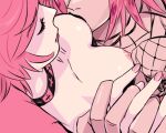  1boy 1girl breast_sucking breasts choker closed_eyes commentary_request diavolo father_and_daughter fishnet_top fishnets holding_hands incest interlocked_fingers jojo_no_kimyou_na_bouken lowres medium_breasts nipples out_of_character pink_hair pink_nails sakata_(nijie_188797) short_hair trish_una vento_aureo 