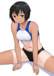  1girl bangs black_buruma black_hair blue_sports_bra breasts buruma closed_mouth commentary_request hashi medium_breasts navel original short_hair sitting smile sports_bikini sports_bra stretching tan tanlines thighs tomboy two-tone_sports_bra white_background white_sports_bra yellow_eyes 