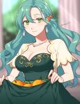  1girl aqua_hair bangs braid breasts casual chloe_(fire_emblem) cleavage clothes_lift dress dress_lift earrings fire_emblem fire_emblem_engage food fruit green_eyes highres holding jewelry large_breasts long_hair looking_at_viewer official_alternate_costume orange_(fruit) peach11_01 side_braid smile solo very_long_hair 