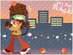  1boy apple bag black_scarf brown_headwear cat_boy cat_tail character_name copyright_name food fruit green_eyes green_hair grocery_bag hajime_(vasu) male_focus mittens mutsuki_(pop&#039;n_music) official_style open_mouth pants pop&#039;n_music red_pants scarf shopping_bag skyline solo tail winter_clothes 