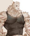  1boy animal_ears arknights bara closed_eyes clothes_lift covered_abs cuts furry furry_male hinokumo_f injury large_pectorals male_focus midriff_peek mountain_(arknights) muscular muscular_male pectorals shirt shirt_lift short_hair solo tiger_boy tiger_ears tight tight_shirt upper_body white_fur 