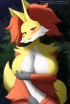  anthro big_breasts blush breasts canid canine delphox faroula_twitt female fur generation_6_pokemon hi_res inner_ear_fluff looking_at_viewer mammal nintendo pokemon pokemon_(species) smile solo tuft 