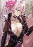  1girl animal_ear_fluff animal_ears bangs black_bodysuit blush bodysuit bow breasts center_opening choker cleavage fate/grand_order fate_(series) fox_ears fox_girl fox_tail glasses gun hair_between_eyes hair_bow highres hip_vent koyanskaya_(assassin)_(first_ascension)_(fate) koyanskaya_(fate) kugiseiichi large_breasts long_hair looking_to_the_side one_eye_closed pink_bow pink_hair ponytail rifle sidelocks sniper_rifle tail tamamo_(fate) weapon yellow_eyes 