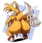  2023 2_tails anthro ass_clapping big_butt blue_eyes bodily_fluids butt butt_focus canid canine clothing english_text footwear fox fur gloves handwear hi_res looking_back male mammal miles_prower mostly_nude motion_blur multi_tail nathanatwar onomatopoeia rear_view red_clothing red_footwear red_shoes sega shaking_butt shoes simple_background solo sonic_the_hedgehog_(series) sound_effects sweat tail text twerking white_clothing white_gloves white_handwear yellow_body yellow_butt yellow_fur 