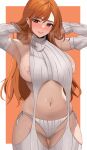  1girl absurdres areola_slip armpits ass_visible_through_thighs backless_outfit blush breasts brown_eyes cameltoe detached_sleeves dress earrings edmun heart heart-shaped_pupils highres huge_breasts jewelry long_hair long_sleeves looking_at_viewer meme_attire nami_(one_piece) navel one_piece orange_hair panties side-tie_panties sideboob smile solo sweat sweater symbol-shaped_pupils tattoo teeth thighhighs turtleneck turtleneck_sweater underwear virgin_killer_sweater 