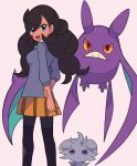  1girl :d bangs black_pantyhose blue_eyes commentary_request crobat emma_(pokemon) espurr eyelashes hand_on_own_wrist highres long_hair looking_at_viewer open_mouth pantyhose pleated_skirt pokemon pokemon_(creature) pokemon_(game) pokemon_xy skirt sleeves_past_elbows smile standing sweater tongue twintails tyako_089 