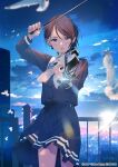  1girl bang_dream! bangs bird blurry blurry_background blurry_foreground bow_(music) brown_hair building closed_mouth cloud dove highres holding holding_instrument instrument looking_at_viewer music neckerchief outdoors parted_bangs playing_instrument pleated_skirt purple_eyes railing school_uniform shiomi_(lowrise) short_hair skirt sky solo violin white_neckerchief yashio_rui 